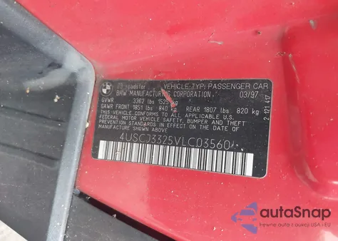 1997 BMW Z3 2.8L Roadster z USA, uszkodzony, nr VIN 4USCJ3325VLC03560